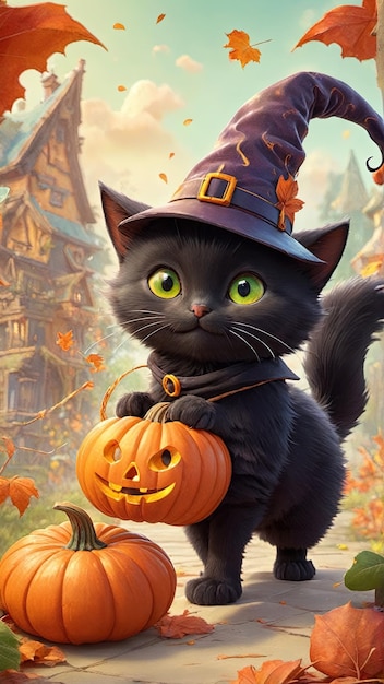 кошка в шляпе ведьмы и шарфе, сидящая на книге