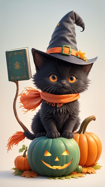 кошка в шляпе ведьмы и шарфе, сидящая на книге