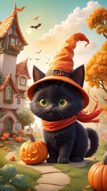 a cat in a witch hat and scarf sitting on a book