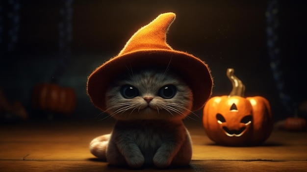 A cat in a witch hat sits in front of a pumpkin.