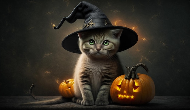 A cat in a witch hat sits in front of pumpkins.