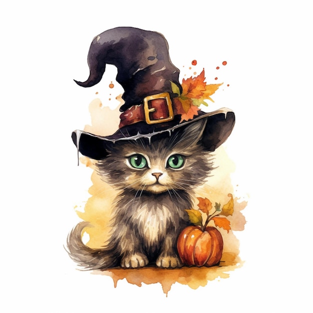 A cat in a witch hat with a pumpkin on it.