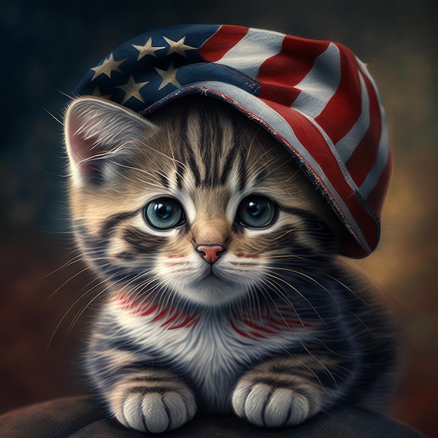 A cat with an american flag hat on
