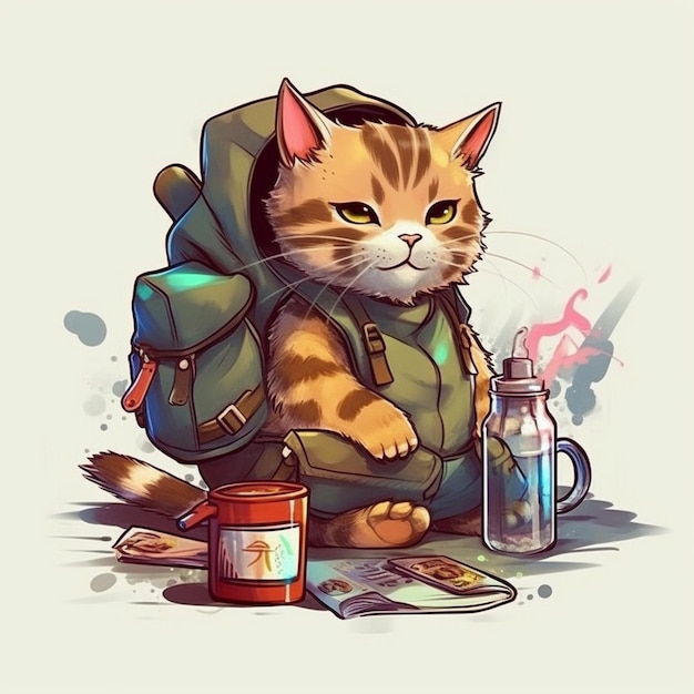 A cat with a backpack and a bottle of oil.