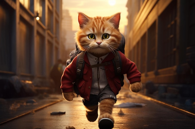 A cat with a backpack runs to school Schoolboy cat Generative AI