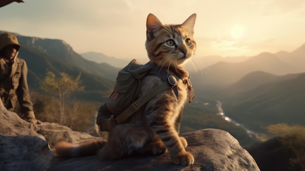 A cat with a backpack sits on a rock in front of a mountain.