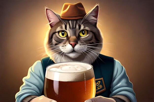 A cat with a beer mug in his hand