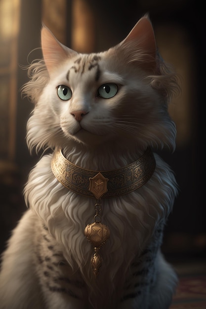 A cat with a bell around its neck