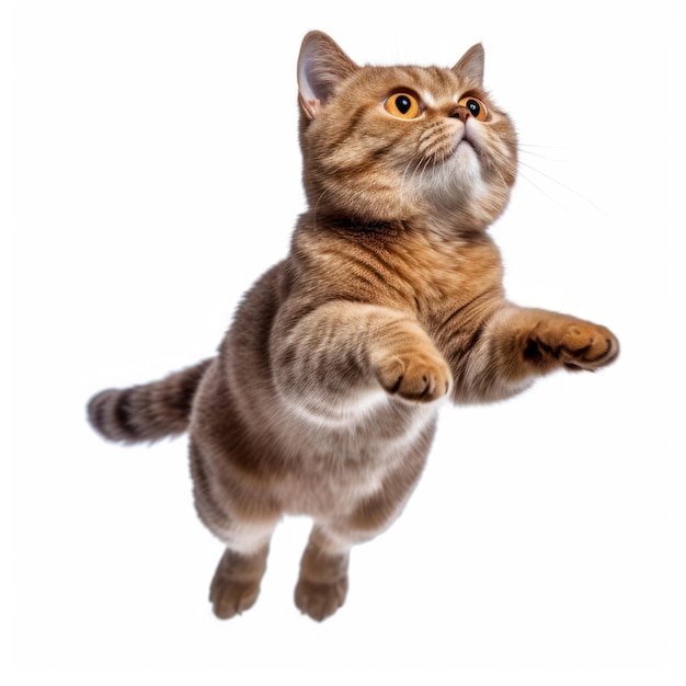 A cat with a big belly and a tail is jumping up into the air.