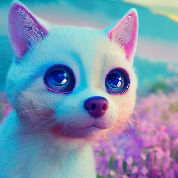 Photo a cat with big blue eyes is in a field of flowers.