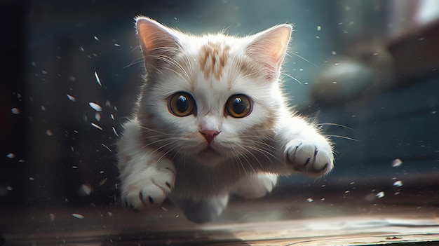 A cat with big eyes is jumping over a window.