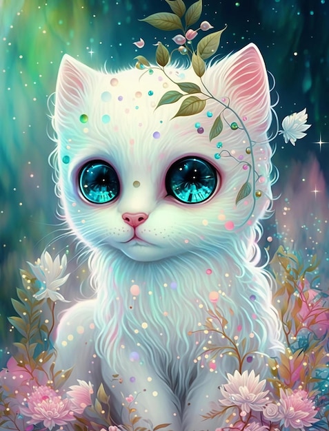 A cat with big eyes is sitting in a flowery field.