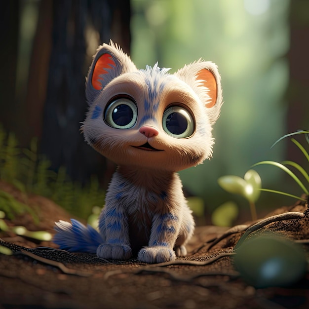 A cat with big eyes sits in a forest.