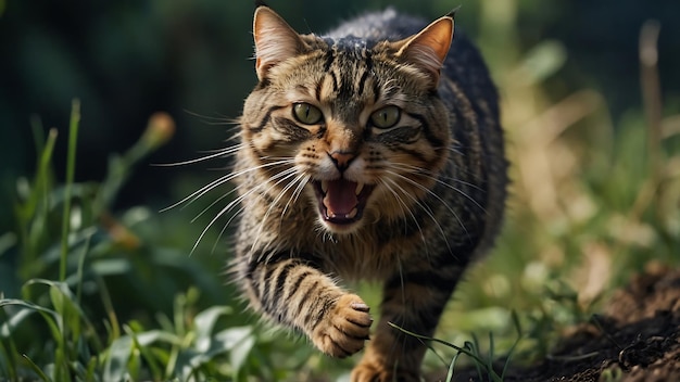 кошка с большим ртом бежит по траве