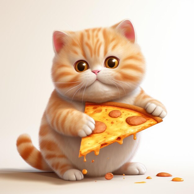 a cat with a big yellow eyes holds a piece of pizza.