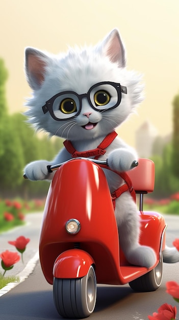 A cat with big yellow eyes is riding a red scooter.
