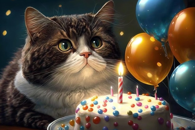 A cat with a birthday cake and a candle