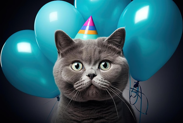 Foto un gatto con un cappello di compleanno e palloncini nello stile di mike campau