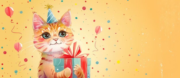 Photo cat with birthday hat holding gift