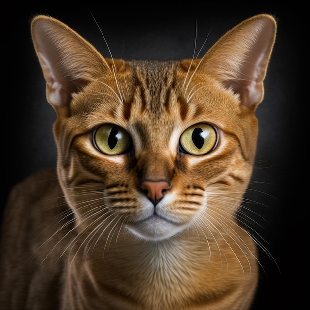 A cat with a black background and yellow eyes.