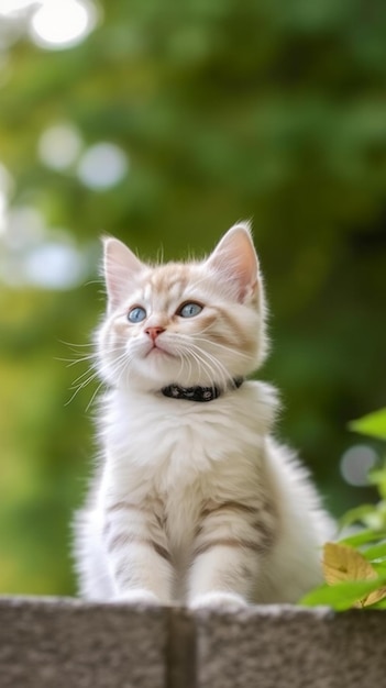 A cat with a black collar sits on a ledge.