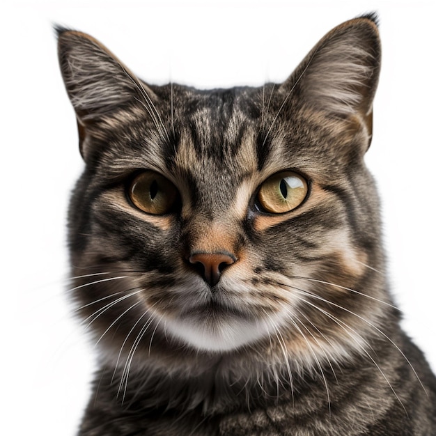 A cat with a black and grey striped coat and yellow eyes.