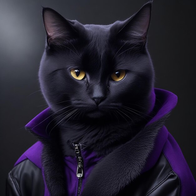 A cat with a black jacket and purple eyes stands in a black jacket