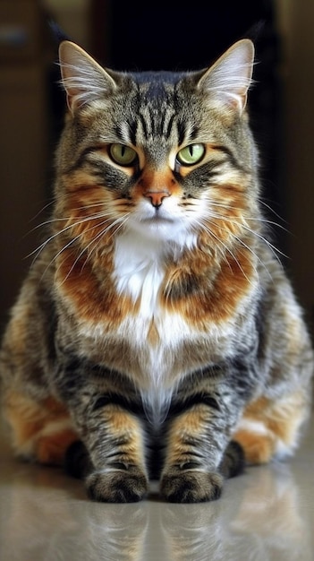 A cat with a black and orange striped coat sits on a ledge.