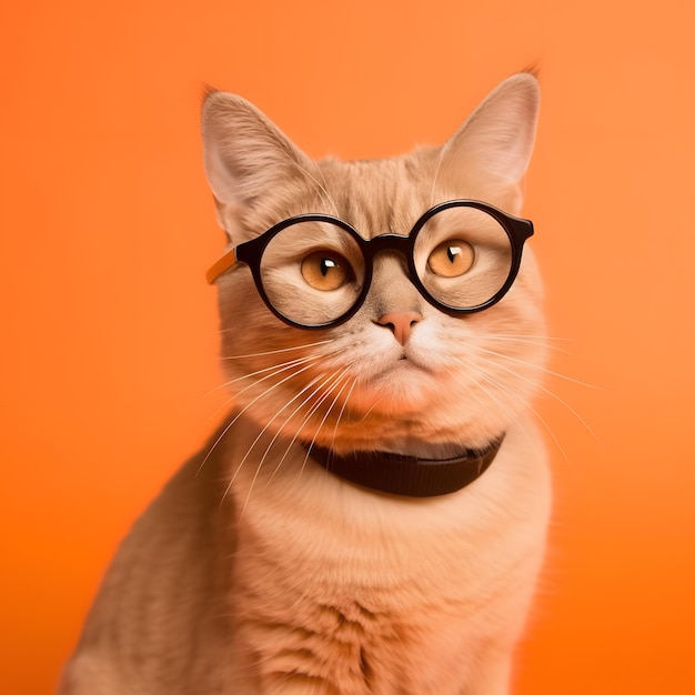 A cat with a black rimmed glasses and a black bow tie.
