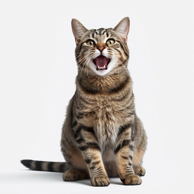 A cat with a black stripe on its face is sitting on a white surface.