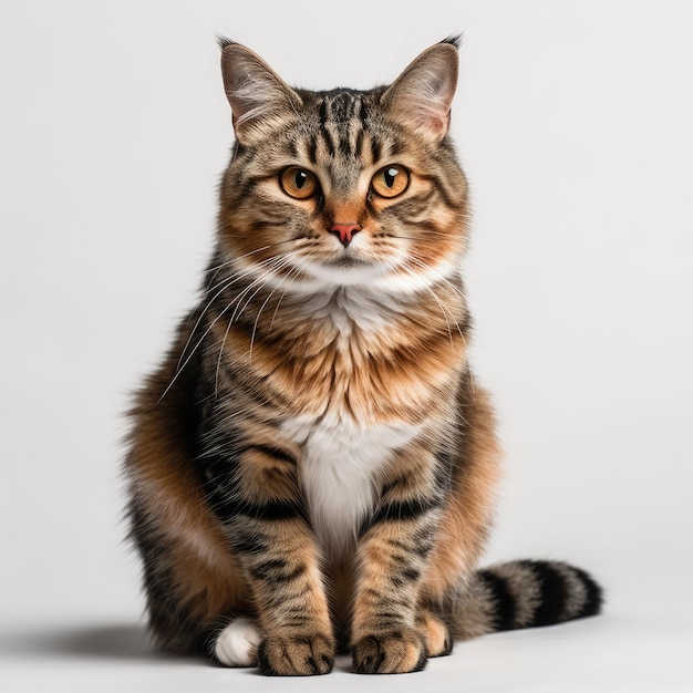 A cat with a black stripe on its face sits on a white background.