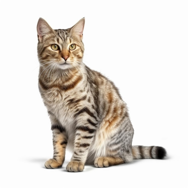 A cat with black stripes and yellow markings sits on a white background.