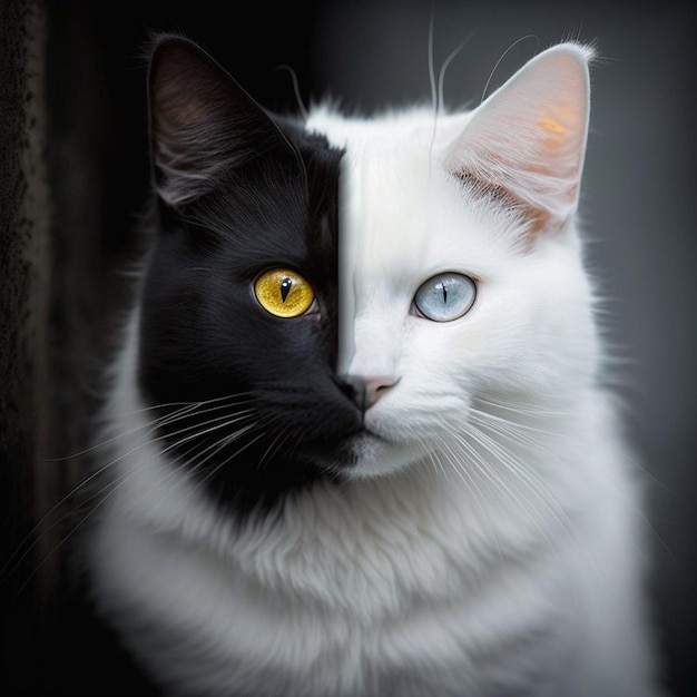 A cat with a black and white face and yellow eyes.