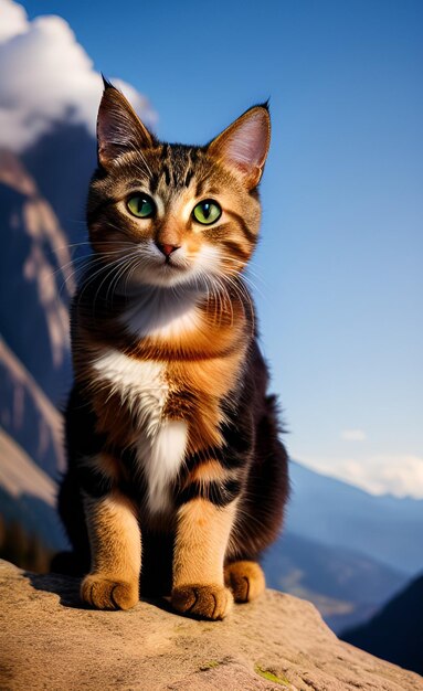 A cat with a blue background and green eyes