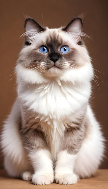 a cat with blue eyes and a blue eye is looking up