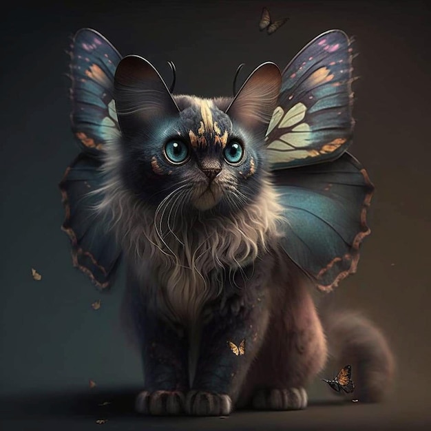 A cat with blue eyes and a butterfly wings.