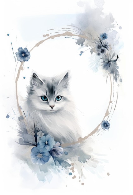 A cat with blue eyes and flowers