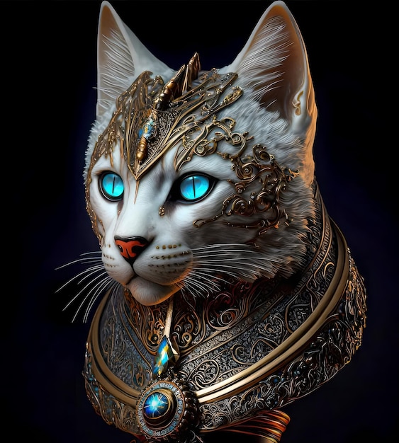 A cat with blue eyes and gold jewelry on it