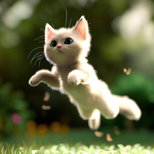 A cat with blue eyes is flying through the air.