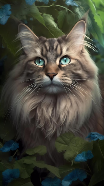 A cat with blue eyes is in a forest.