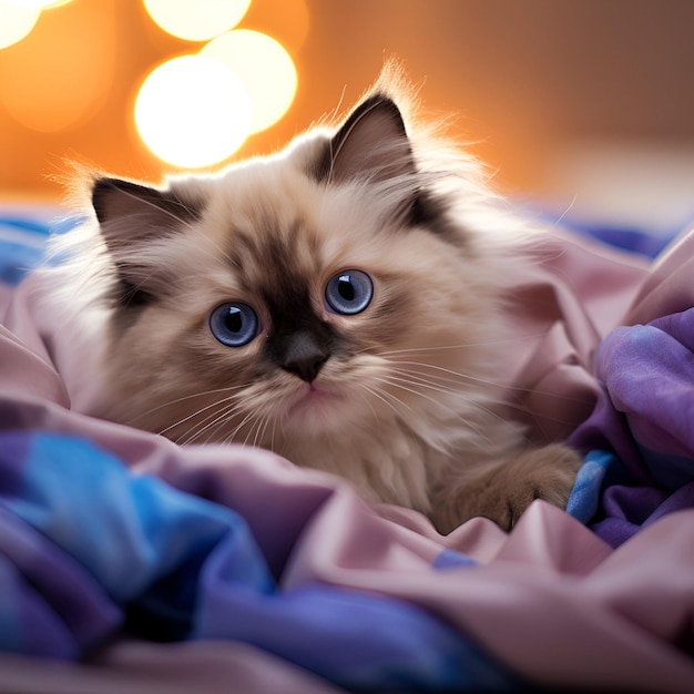 a cat with blue eyes is laying on a purple blanket