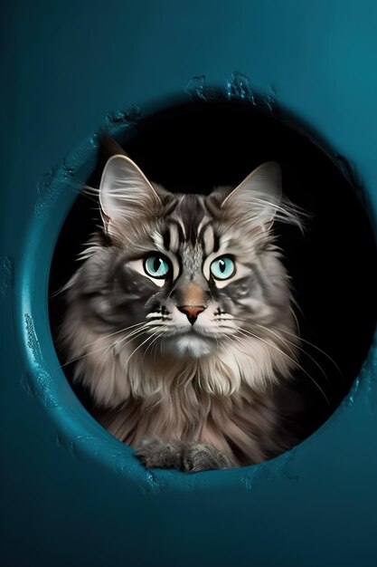 A cat with blue eyes is looking out of a hole in a blue circle.