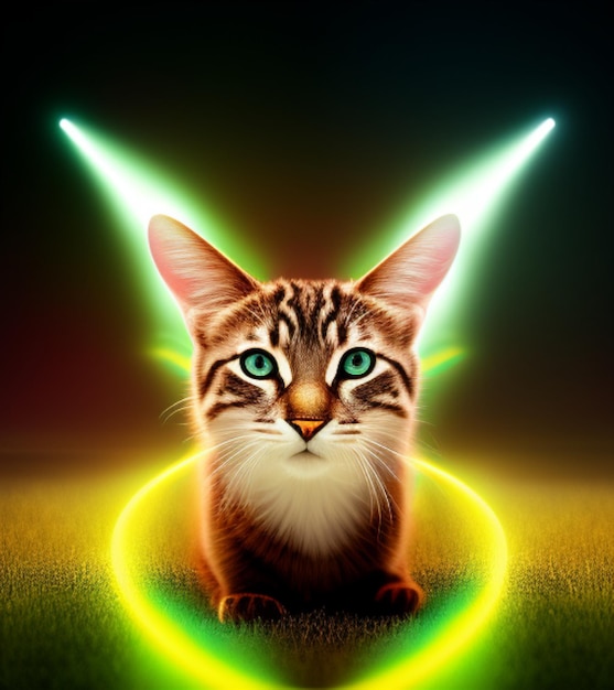 Foto un gatto con gli occhi azzurri è in un anello di luci al neon.