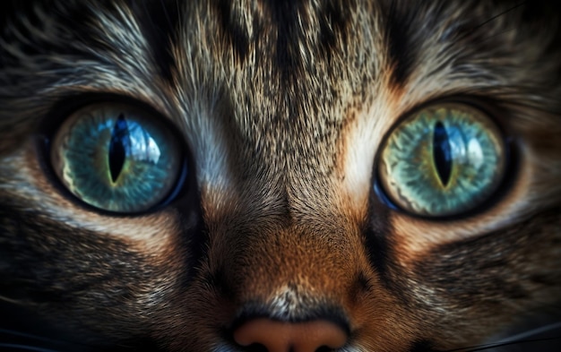 A cat with blue eyes is shown in this close up image.