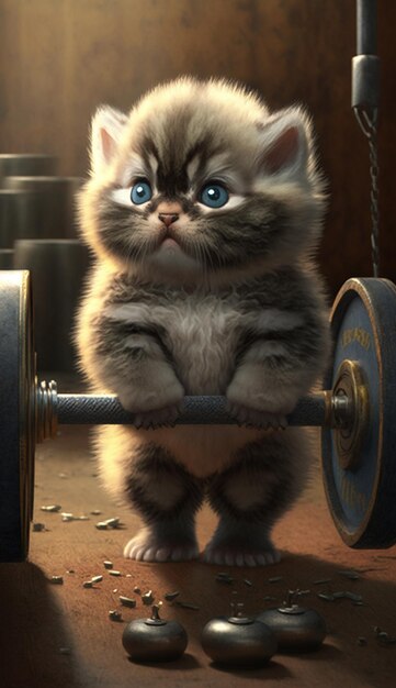 A cat with blue eyes is sitting on a barbell.
