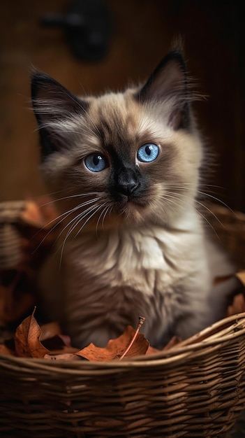 파란 눈을 가진 고양이가 거품 속에 앉아 있습니다.