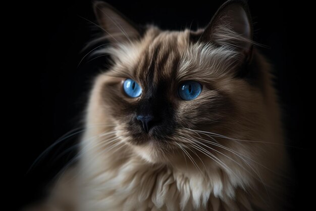 A cat with blue eyes is sitting in a dark room.