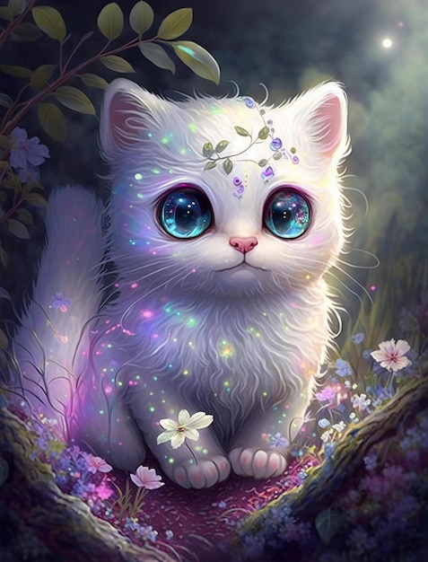 A cat with blue eyes is sitting in a flower field.