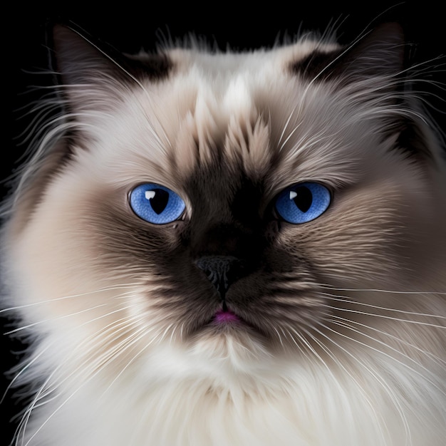 A cat with blue eyes is sitting in front of a black background.