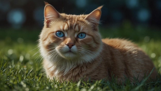 青い目を持つ猫が草の上に座っている